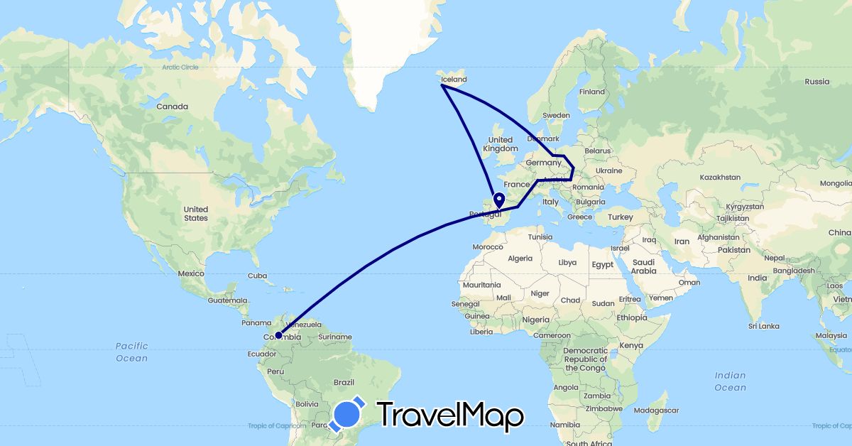 TravelMap itinerary: driving in Switzerland, Colombia, Germany, Spain, Hungary, Iceland, Poland (Europe, South America)